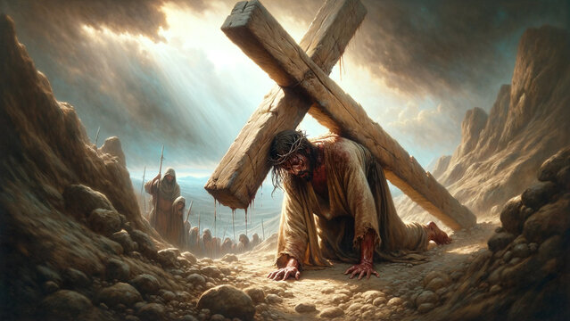 The Stations of the Cross: Jesus Christ Falls for the Second Time Under the Weight of the Cross on Calvary during his Passion, Suffering and Crucifixion. 