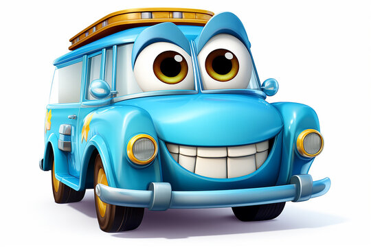 Bright Color Cartoon Car With Smiling Face, Emotions