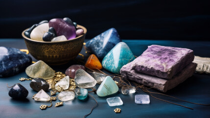 Obraz na płótnie Canvas Beautiful esoteric and mystical altar for meditation with crystals and semi-precious stones