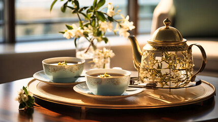 Elegant tea setting with porcelain cups and assorted teas - obrazy, fototapety, plakaty