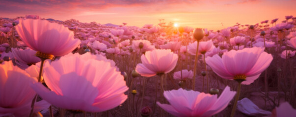 field of big flowers close up, monochromatic colors, sunset