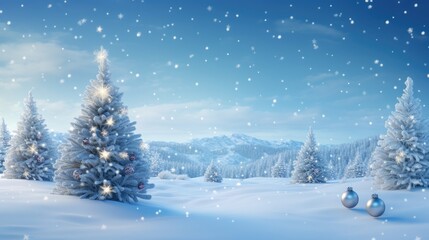 Immerse in 3D Winter Magic: Our Christmas background features a stunning Christmas tree adorned with garlands and balls in a snowy landscape. Perfect for New Year's and Xmas celebrations.