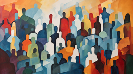 Obraz premium Painting of Abstract Shapes Representing Diverse Crowd of People. Diversity, Equity, Inclusion and Belonging.