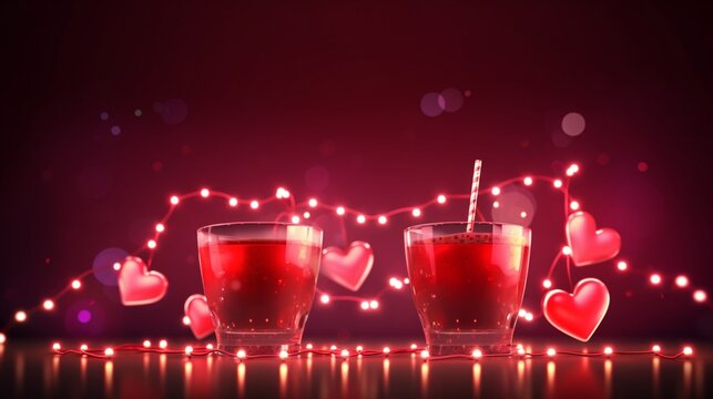 Cheers to Valentine's Day! Poster or banner with a red background and a heart made up of LED string lights and valentine decorations. Template for advertising 
