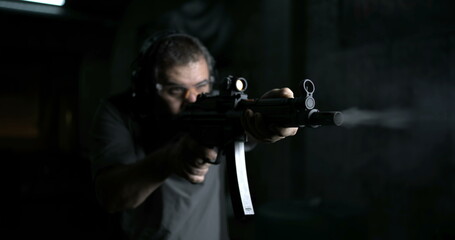 Front View of Man Firing Shotgun, 800fps Super Slow-Motion, High-Speed Powerful Weapon Shooting