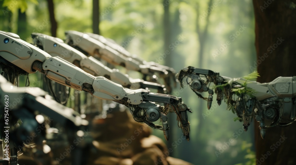 Poster robotic arms making trees. robots and nature, robots and the environment.