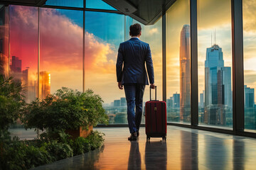 Travel, businessman at the airport, man with a suitcase  - obrazy, fototapety, plakaty