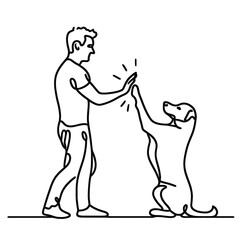 Man high-fiving dog in continuous line art drawing style. Pet and people friendship. Black linear sketch isolated on white background. Vector illustration