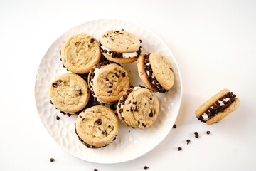 Chocolate chip cookie sandwich , selective focus