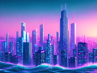 Foto op Canvas Synthetic wave, cyber wave in futuristic cyberpunk style, neon city at night near the beach, generative AI © LIUBOMYR