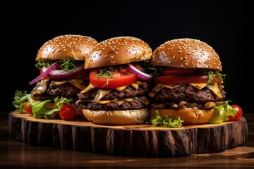 Three beef burgers with sauce on wooden cutting board