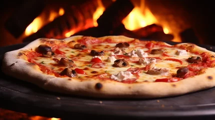 Foto op Plexiglas Pepperoni pizza close to charcoal oven on black background. © Natalia Klenova