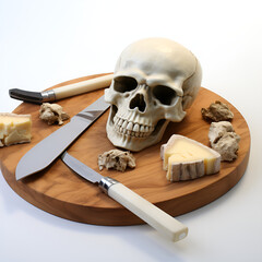 skull in gift bucket,halloween festival, Whole round Head and pieces of parmesan or parmigiano, Twelve slices of different kinds of cheese on a cheese plate on white background


