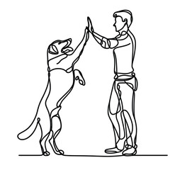 Man high-fiving dog in continuous line art drawing style. Pet and people friendship. Black linear sketch isolated on white background. Vector illustration