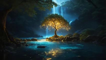 Poster Amidst a tranquil forest, a solitary tree of life stands beneath a waterfall of bio-luminous water at night - AI Generative © Being Imaginative