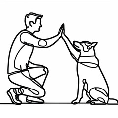 Man high-fiving dog in continuous line art drawing style. Pet and people friendship. Black linear sketch isolated on white background. Vector illustration