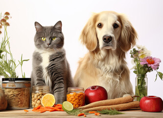 Balanced nutrition for animals. Cat and dog golden retriever in front of a kitchen table full of...