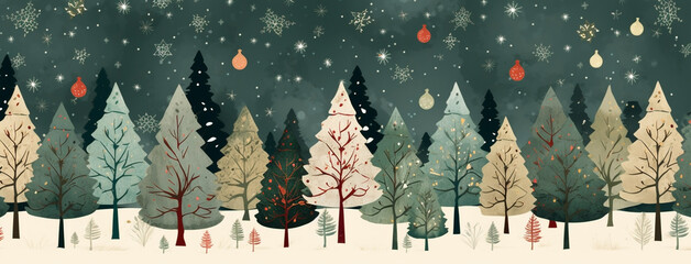 Beautiful wide horizontal Xmas banner background illustration with Christmas trees and snow in winter