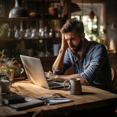 Headache, stress and burnout at home, young man suffering from fatigue and exhaustion. Frustrated, failing small business owner annoyed and under pressure from a heavy workload while working remotely - obrazy, fototapety, plakaty