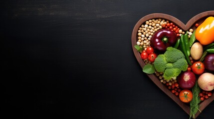 A heart shaped wooden plate filled with assorted fruits and vegetables, vegan January challenge. - obrazy, fototapety, plakaty