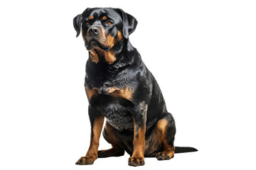 Rottweiler dog with sad mood isolated on transparent background. Concept of pet.
