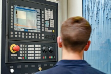 A worker operator of a CNC milling machine observes the work process through a viewing window.