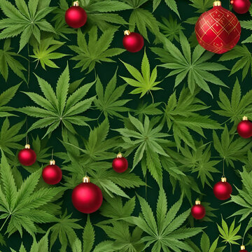 Christmas ornaments and marijuana cannabis leaves background