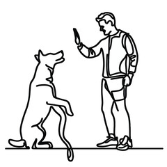 Man high-fiving dog in continuous line art drawing style. Pet and people friendship. Black linear sketch isolated on white background. Vector illustration