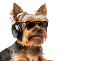 Yorkshire terrier dog wearing headphones and sunglasses and enjoying the music, joyful mood isolated on transparent background. Concept of pet.
