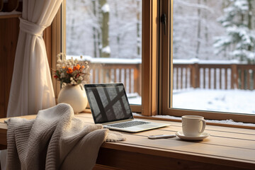 Laptop near a window with snow views. Winter cozy workspace. Concept of working at morning. Generative AI - obrazy, fototapety, plakaty