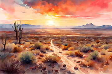 Watercolor painting of the Chihuahuan Desert at sunset - obrazy, fototapety, plakaty