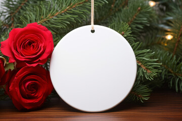 White round ceramic frame with string hangs on Christmas tree. Generative AI