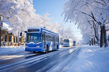 Fototapeta premium Winter landscape on the street with houses and roads covered with a lot of snow. Cold snowy weather. Generative AI