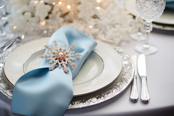 Fototapeta na wymiar Frosty white Christmas winter inspired table setting with snowflake. Generative AI