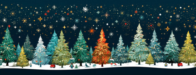 Beautiful wide horizontal Xmas web banner background illustration with Christmas trees and snow in winter