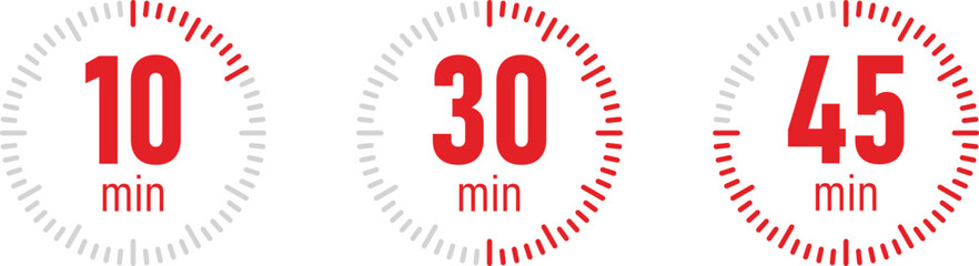 The 10, 30 and 45 minutes, stopwatch vector icon. Stopwatch icon in red flat style, 10, 30, 45 minutes timer on on color background. Vector illustration - obrazy, fototapety, plakaty