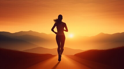 a woman jogging at dawn, captured from the back, showing the silhouette against the rising sun