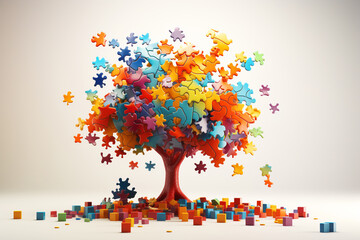 Tree made from colorful puzzle or jigsaw pieces, creative child, join the dots, inspiration and individuality - obrazy, fototapety, plakaty