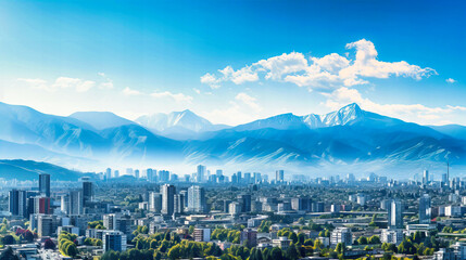 Expansive view of a modern cityscape against a mountainous backdrop - obrazy, fototapety, plakaty
