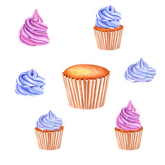 Various cupcakes in paper wrapper decorated with cream. Muffin, baked cake. Creams with blue clitoria powder, red berries, fruits. Watercolor illustration for package, menu, recipe, label