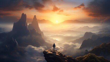 a man gazing out from a high cliff over a foggy mountain range