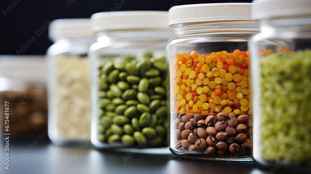 Poster a row of jars with different types and colors, ai