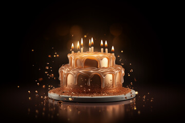Golden festive cake decorated with gold elements and candles on dark background. 