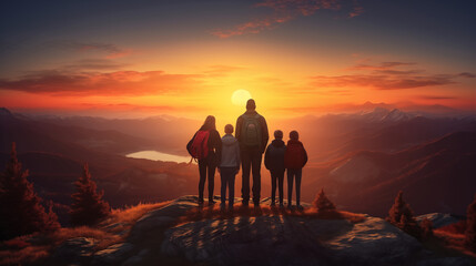 a family enjoying a mountaintop view at sunrise
