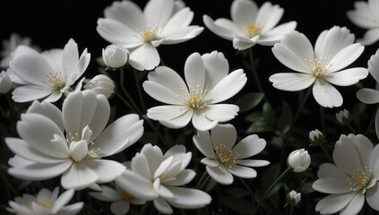 Obraz premium Amongst a field of delicate white flowers, each petal glistens like snowflakes against an isolated black background - AI Generative
