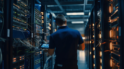 IT engineer is working on the server and checking the state of the network equipment in the data center