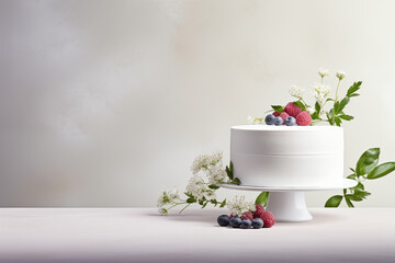 White cake decorated with berries, flowers and green leaves.