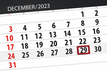 Obraz premium Calendar 2023, deadline, day, month, page, organizer, date, December, friday, number 29