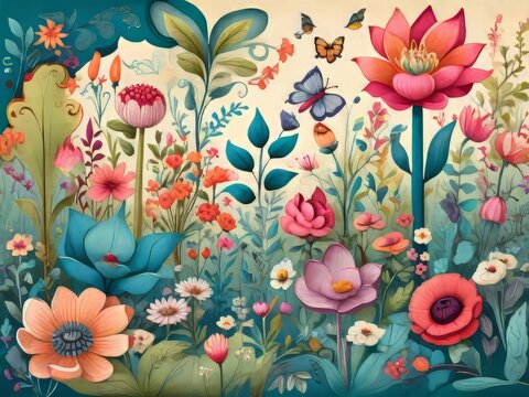 Una caprichosa escena de jardín, con una variedad de flores en un estilo lúdico e ilustrado que recuerda a un libro infantil