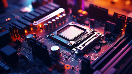 Fototapeta premium Macro shot of the computer components. CPU on motherboard with soft lighting.